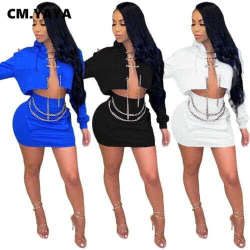 CM.YAYA Street Sweatsuit Womens Set Chain Lace Up Hooded Sweatshirt Midi Mini Skirt Suit Tracksuit Two Piece Set Fitness Outfit