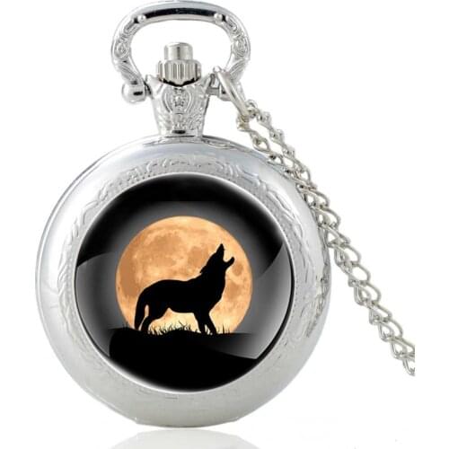 Wolf Roaring Under The Moon Design Silver Vintage Unique Quartz Pocket Watch Men Women Pendant Necklace Hours Clock Gifts