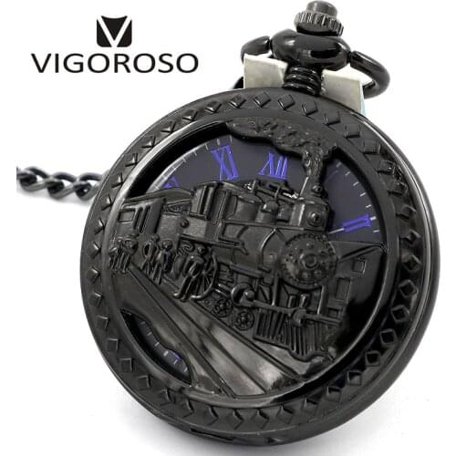 Vintage Retro Black Hollow Train Locomotive Steampunk Mechanical Pocket Watch Lady Men Necklace Pendant with Chain Birthday Gift