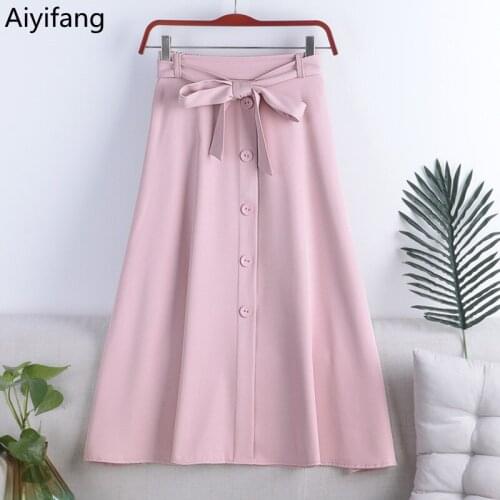 Office Lady Elegant Work Skirt Spring Summer Womens Single-breasted Long Skirts Elastic Waist Lace-up Bow Fashion A-Line Skirts