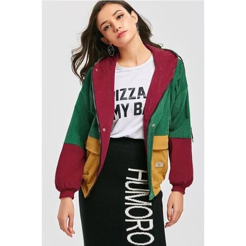 New Winter Warm Color Block Hooded Corduroy Jacket Drawstring Hit Color Patched Pocket Thick Basic Women Coat Harajuku 2C0165