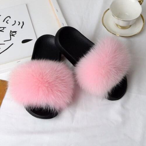 Womens Winter Real Fox Fur Slides Girls Furry Slippers Cute Plush Raccoon Fur Sandals Ladies Non-slip Fluffy Rainbow Fur Shoes