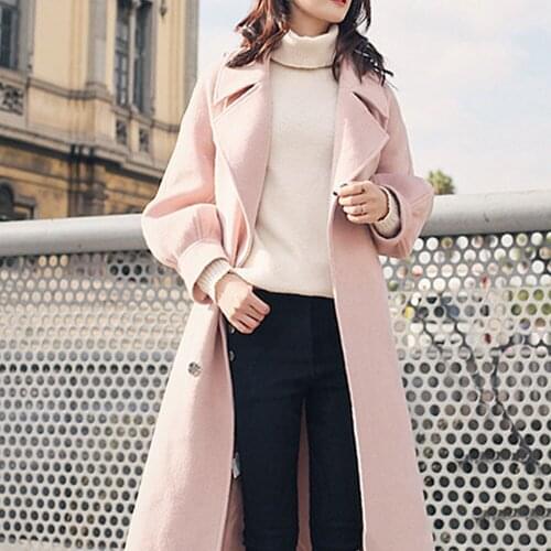 2020 New Wool Trench Coat Plus Velvet Female Fashion Pink Elegent Long Overcoat Autumn Winter Women Casual Lantern Sleeve Slim
