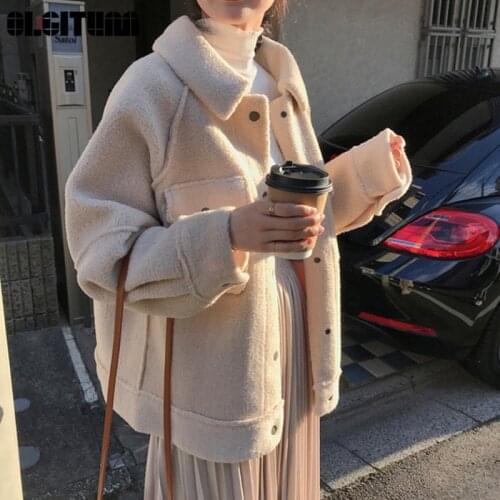 2020 Spring Winter Loose Thick Lambswool Coat Femal Warm Button Pocket Cotton Coat Jacket Women Mujer Casaco