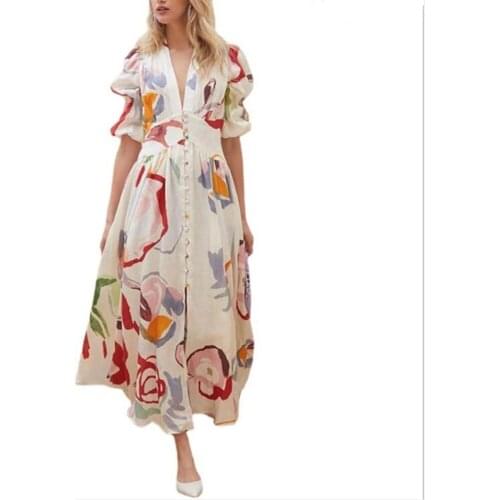 New Spring Autumn Printed Beach Dress Women Vintage Notched Collar Puff Sleeve Long Dress Single Breasted Floral Print Attire