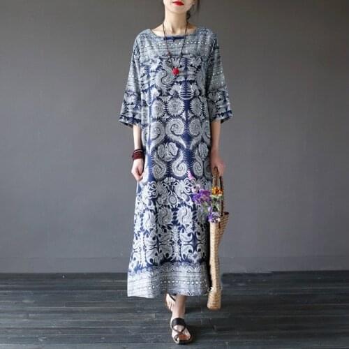 Women Vintage Floral Print Dress Autumn Stand Collar 3/4 Sleeve Sundress Chinese Cheongsam Robe Femme Linen Vestido Tunic 12371