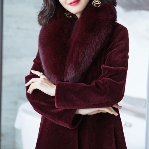 Women Winter Sheep Shearling Fur Coat Large Natural Fox Fur Collar Long Warm Real Fur Coats Genuine Wool Jackets 37030