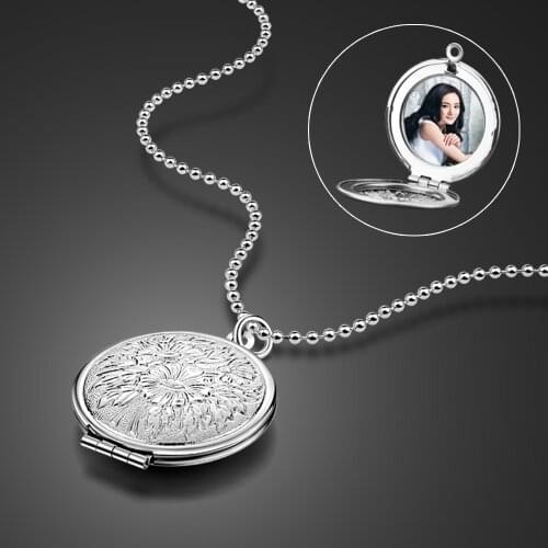 100% 925 Sterling Silver Retro peony flowers photo box pendant Necklace Women Fashion DIY photo chain Men couples jewelry