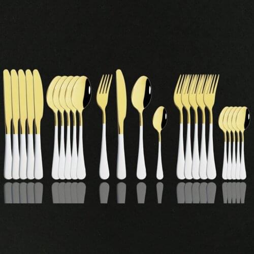 24Pcs Dinnerware Set Stainless Steel Cutlery Set Kitchen Mirror White Gold Tableware Set Home Knife Fork Tea Spoon Dinner Set