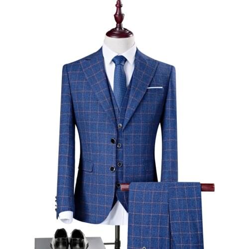 AIMENWANT New Plaid Suit 3pcs Men Business Slim Fit Wide Collar Groomsman Blazer Suits Wedding Groom Jacket+Pants+Vest 3 piece