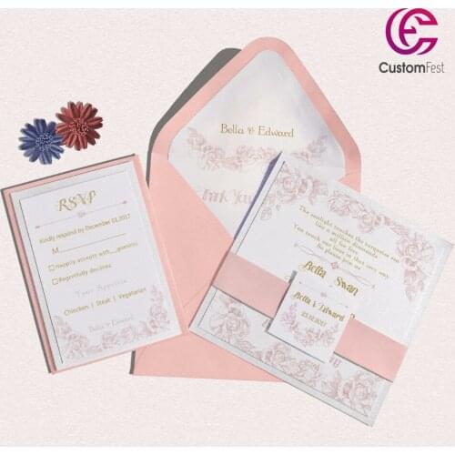 30pcs/lot Pink floral design with personalized liner envelop pink and gold invitation and RSVP set L202S031