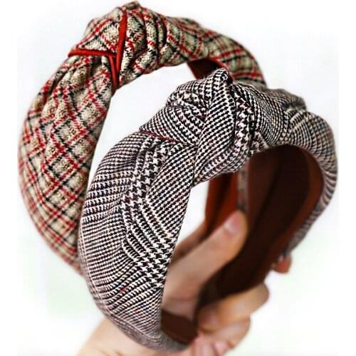 Free shipping plaid knot vintage women hairbands wide girls headbands ladys headwear hair accessories