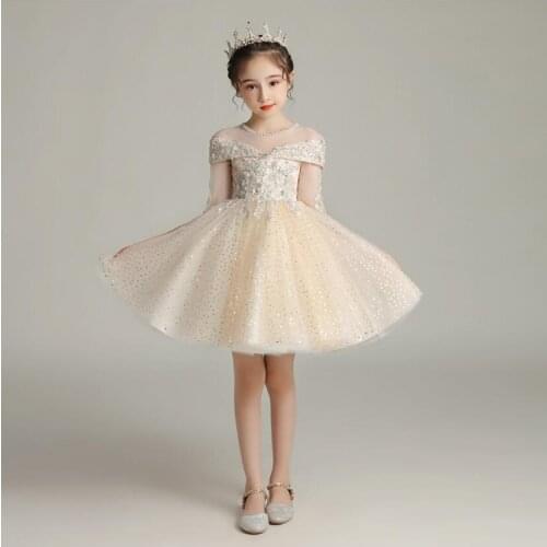 Champagne Tulle Girls Dress Sequin Princess Formal First Communion Children Party Wedding Gown Kids Dresses for Birthday