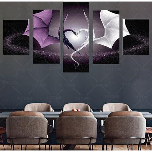Decoration Pictures Vintage Home Decor 5 Panel Dragon Love Paintings On Canvas Wall Modular Pictures For Living Room HD Print