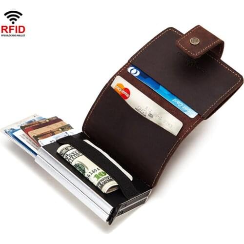 Rfid Men Genuie Leather Credit Card Holders Business ID Bank Card Case Automatic Card Holder Blocking Aluminium Bank Card Wallet
