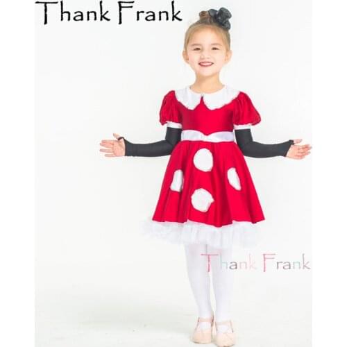 Kids Red Modern Dance Dress Girls White Big Polka Dot Peter Pan Collar Jazz Dresses Children Adult Long Sleeve Dance Costume