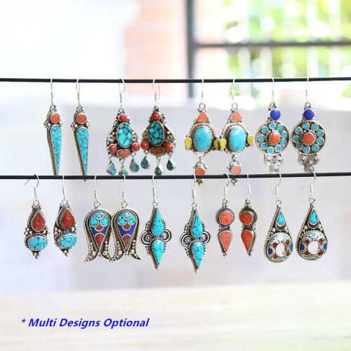E007 Indian Vintage Hand Earring Pair Lovely for Girls Many Designs Copper Inlay Colorful Stone