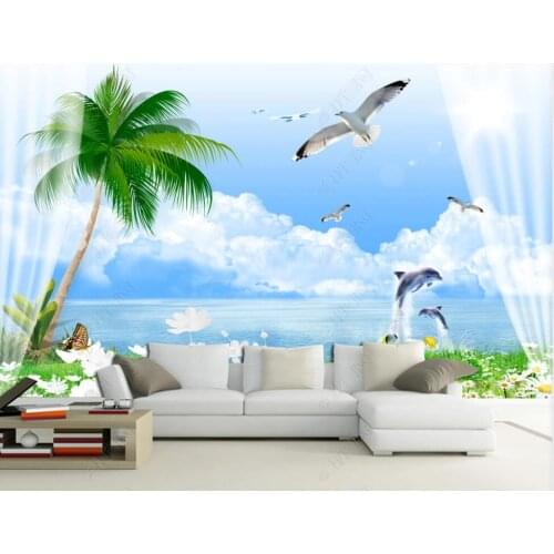 Photo wallpaper 3 d custom mural Seaside blue sky coconut palm dolphin scenery decor living room Wallpaper for walls in rolls