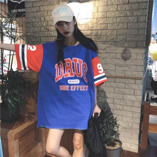 Oversized Hip hop t shirt femme Loose Long t-shirt Letter Printed tee Camisas mujer Harajuku Patchwork Baseball shirt