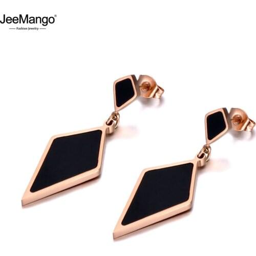 JeeMango Trendy Titanium Stainless Steel Black Acrylic Geometry Earrings Jewelry Rose Gold Office Earrings For Women JE20034