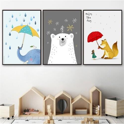 Kawaii Polar Bear Cartoon Fox Elephant Animal Painting Nursery Quote Poster Canvas Print Wall Art Picture Kid Baby Bedroom Decor