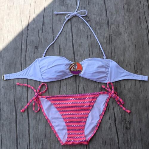 Bikini set White Women Swimsuit Pink Stripe printing Biquini Diamond Bathing suits Sexy Gril Bikinis Brazilian Swimwear