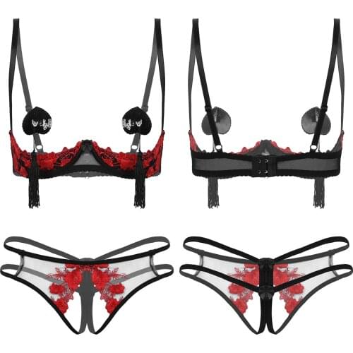 MSemis Womens Lace Sissy Lingerie Set Bare Breast Underwired Bra Tops Crotchless Open Crotch Briefs with Nipples Tassel Pasties