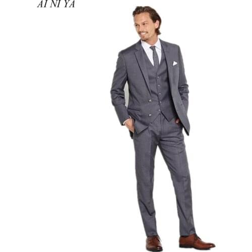 Grey 3Pieces Casual Men Suit Split Side Set Slim Fitted Groom Wedding Party Tuxedos Groomsman Blazer Sets (Jacket+Vest+Pants)