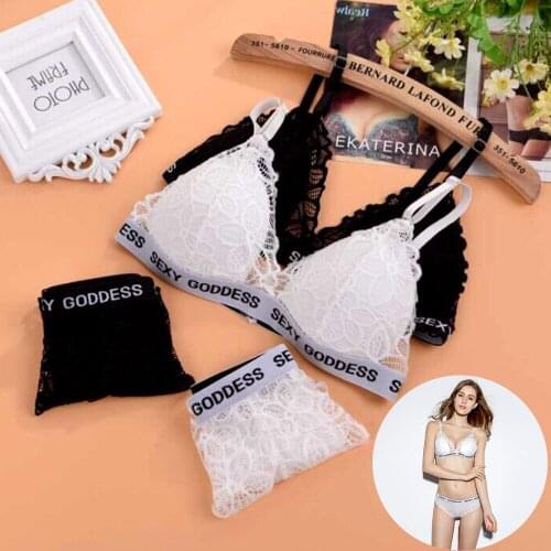 New Style Personality Back Letter Wild Straps Lace Sexy Deep V With Chest Pad Top + Lace Panties