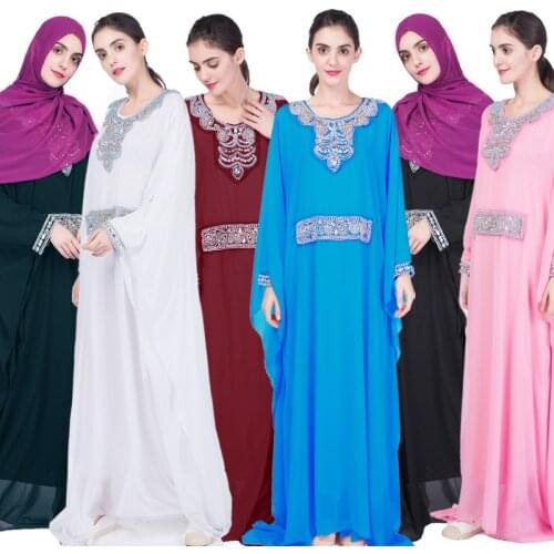Muslim Abaya Chiffon Kimono Diamond Hijab Dress Turkish Arabic Dubai African Women Pakistan Caftan Marocain Kaftan Qatar Islamic