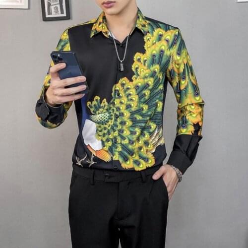 3D Peacock Printed Shirts for Men Long Sleeve Slim Fit Casual Shirt Fashion Male Streetwear Social Party Nightclub Chemise Homme