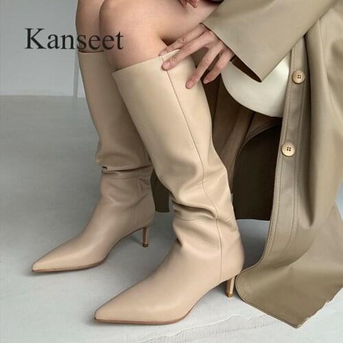 Kanseet New Arrival Genuine Leather Women Knee High Boots Pointed Toe Thin Heel Slip-On Party Winter Lady Footwear Large Size 43