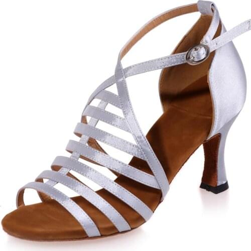 Elegant Satin latin dance shoes lady ballroom Sharki belly practice indoor dancing sandals leather sole dancing sandals 7.5cm