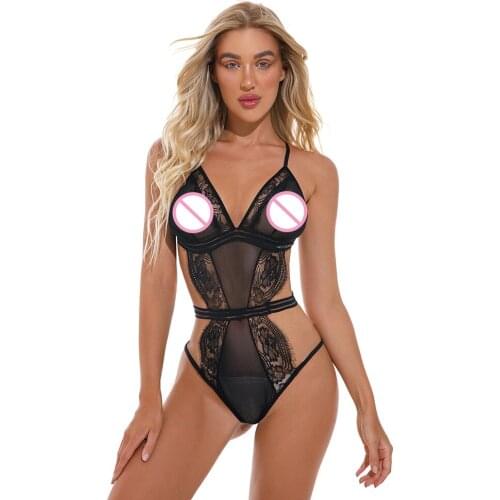 Sexy Sheer Mesh Hollow Out Lingerie Women Erotic Lace Deep V Push Up Perspective One Piece Backless Bodysuit Underwear
