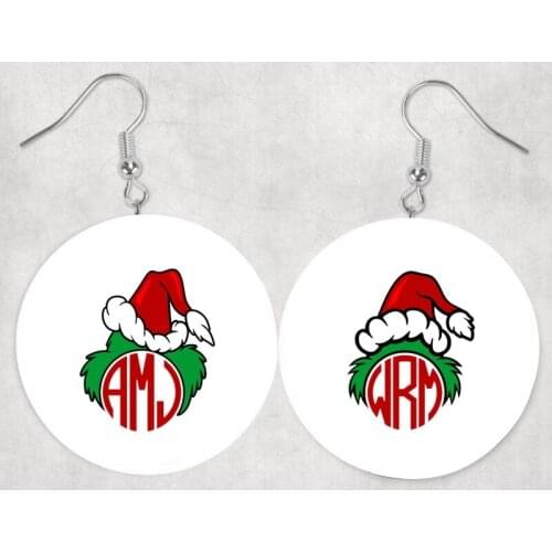 Faux Leather Glitter Nickel Freechoice of Grinch Hat Monogram Earrings