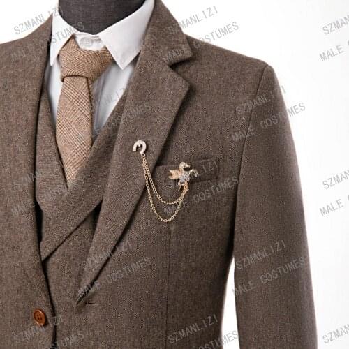 SZMANLIZI 2021 Winter Brown Wool Tweed Tailor Made Business Men Suits For Wedding 3 Piece Herringbone Retro Formal Groom Tuxedo