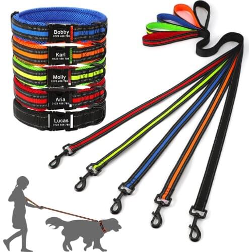 Breathable Mesh Leash Dog Collar Adjustable Nylon Personalized Dog Collar Puppy Small Large Medium Engraved Collar Leash Set