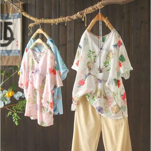 Retro ramie oblique flap button printed shirt women 2021 summer new loose western style short-sleeved shirt