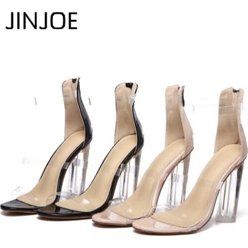 JINJOE Latest hot sale shoes Woman High heels in summer Transparent Black single shoe sexy Open toe Apricot Hasp 12cm shoes
