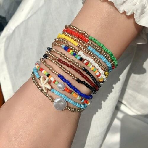 2021 Bohemian Seed Bead Charm Bracelet Set New Design Hot Selling Ethnic Style Beach Bead Elastic Stretch Bracelet For Women