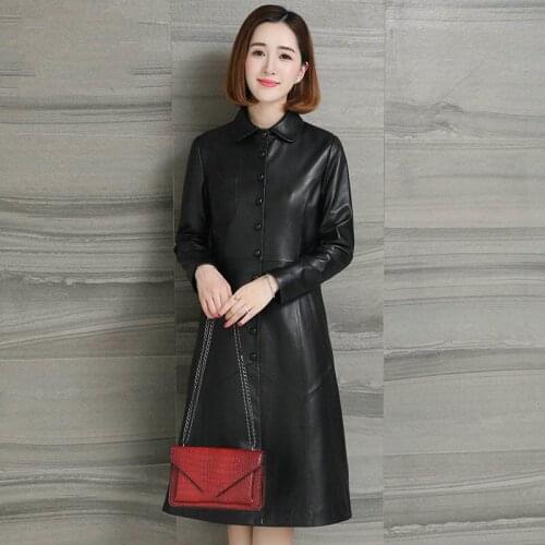 Women Single Breasted Long Sheepskin Genuine Leather Jacket Slim Fit Trench Coat Office Ladies Windbreaker Outwear Leather Coat