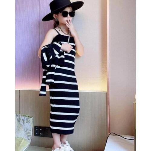 2021 Korea style girls 2 pcs knitted set cardigan+vest dress fashion cotton autumn girls suit 4-9t B815