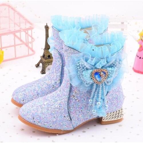 Frozen Elsa Girls Boots Winter New Childrens Comfortable Warm Fashion Kids Plus Velvet Korean-Style Leather Soft Bottom Shoes