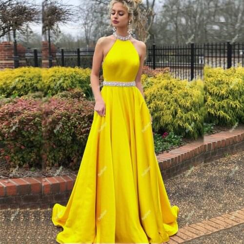 Yellow Satin Evening Dress Prom Halter Backless Beads Celebrity Gown Belt Special Occasion Graduate Vestidos De Gala Fiesta