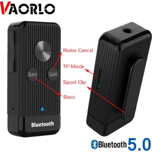 VAORLO 5.0 Bluetooth Receiver Bass Audio Noise Cancel Stereo For Headphone Car Support TF Card Mode With Clip 3.5mm AUX Adapter