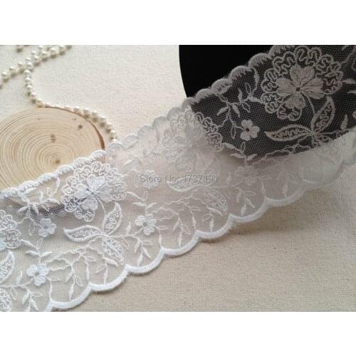 White Embroidered Tulle Lace Fabric, Wedding dress Lace, Cotton Floral Lace Trim 5 Yards