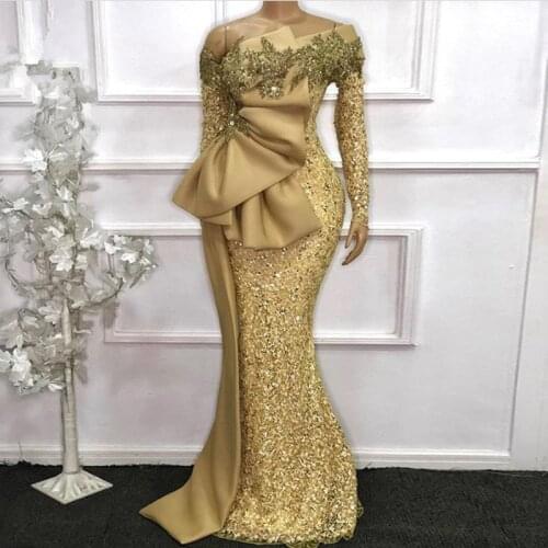 Sparkle Aso Ebi South African Evening Dresses Mermaid Long Sleeves Sequins Beaded Nigeria Saudi Arabic Evening Gown Prom Dress