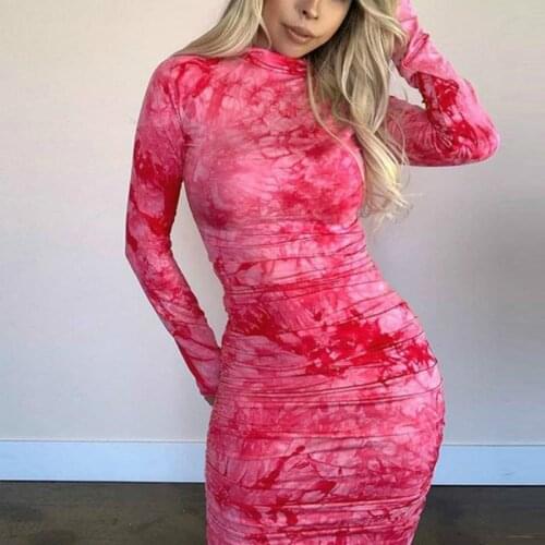 Spring Autumn Print Turtleneck Bodycon Dress Woman Sexy Tie Up Dresses 2021 Casual Pleated Slim Zipper Midi Dress High Street