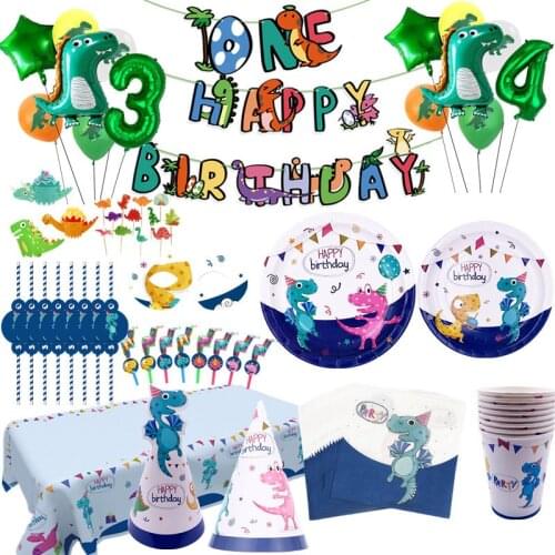 Dinosaur Party Disposable Tableware Paper Plates Cups Boy Kids One Birthday Party Supplies Favors Roar Dino Party Balloons Decor