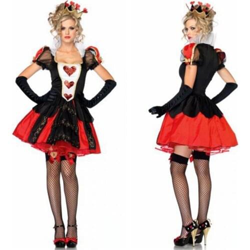 European Nobility Princess Dresses Halloween Sexy Poker Queen Cosplay Costumes Lace Stand Collar Red Heart Printing Ball Gown